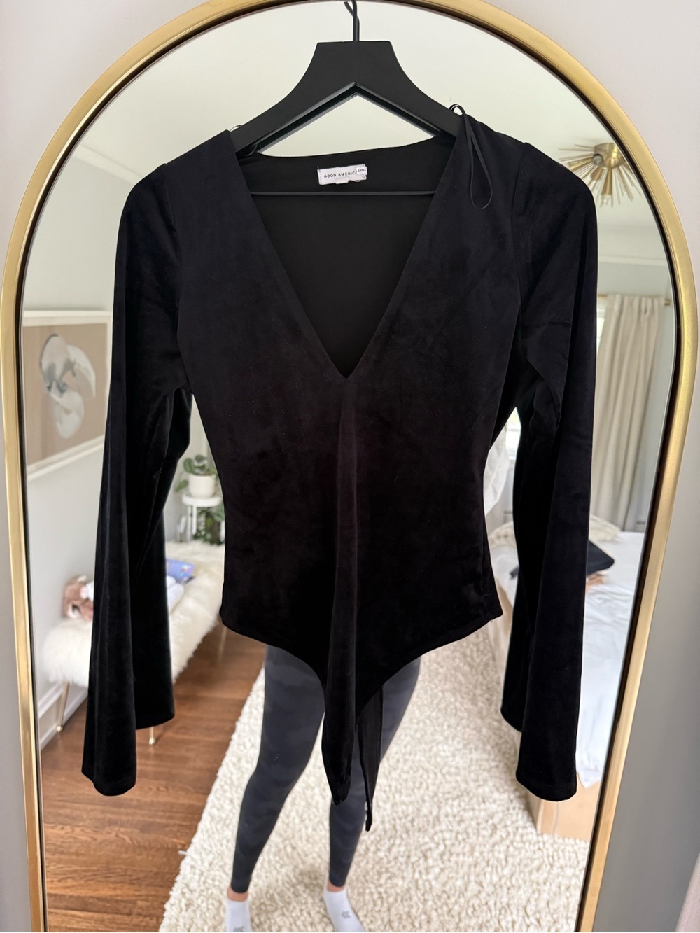 Good American Black Velvet V-Neck Long Sleeve Bodysuit